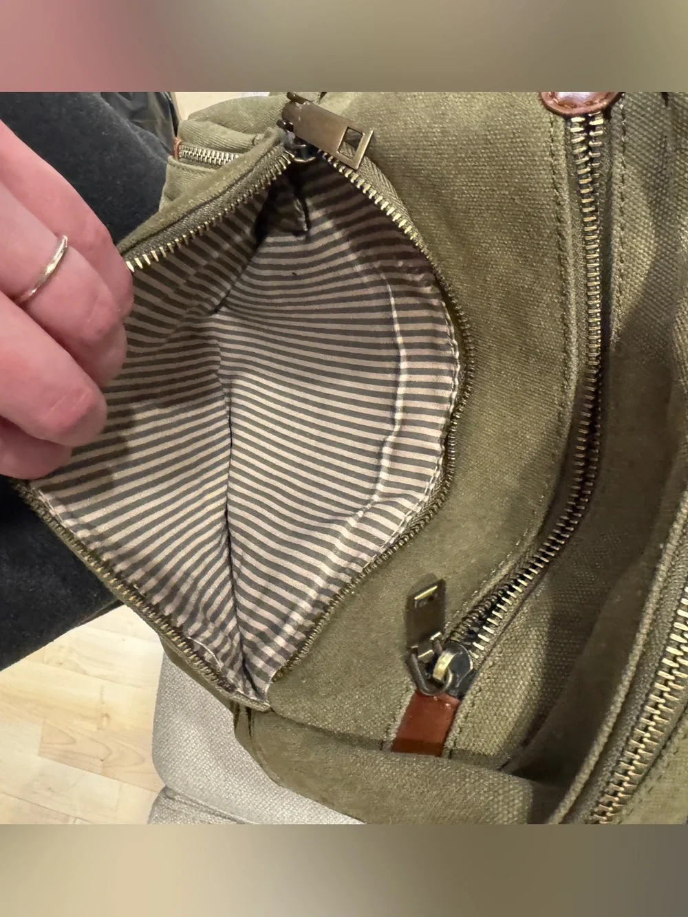Olive Canvas Backpack with Leather Trim